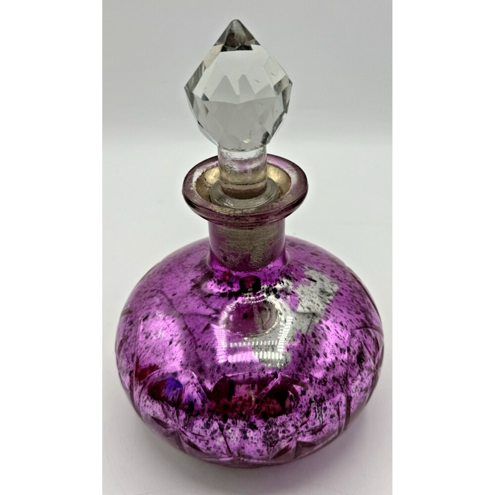 Pink Mercury Glass Globular Large Bottle Faceted Crystal Cut Stopper 8.5” Genie - Picture 5 of 13